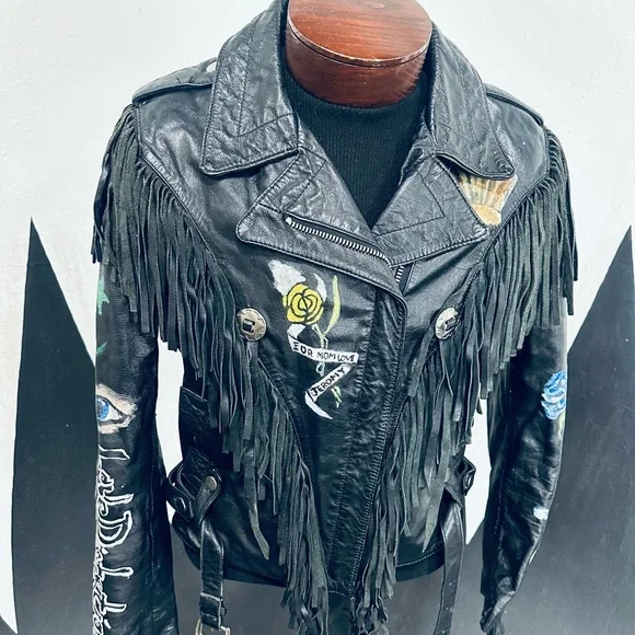 Guns ‘n Roses, One of a Kind, Hand Painted Vintage Black Leather Fringe Jacket